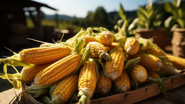 super bunch delicious many clean corn on wood box on farm