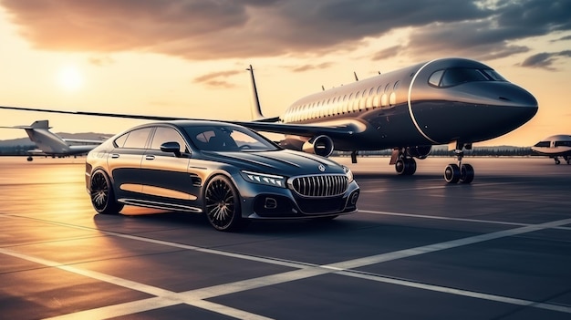 Super car and private jet on landing strip Business class service at the airport