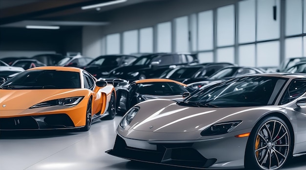 a super car among some ordinary cars in a car store 4k photo