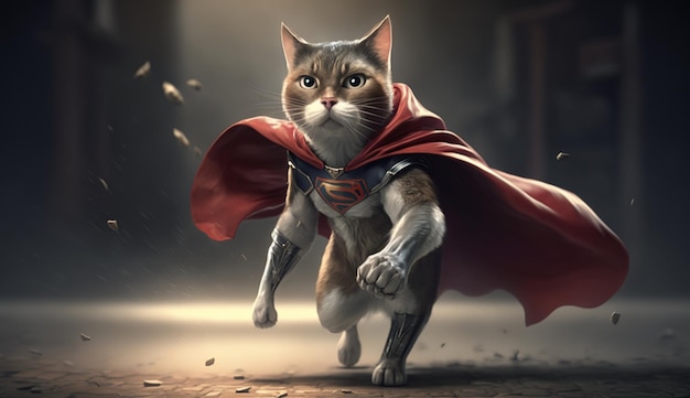 Super Cat as superhero with cape background Generative AI