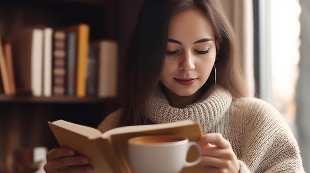 写真 スーパークローズアップ 若い女性が本を読みカップのコーヒーを握っています