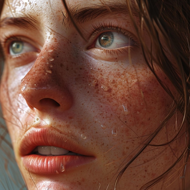 A super closeup portrait of the most beautiful female fashon model with freckles