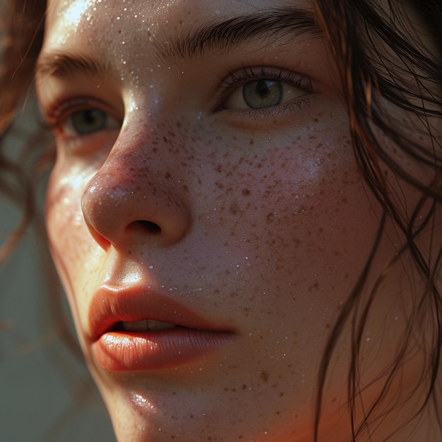 A super closeup portrait of the most beautiful female fashon model with freckles