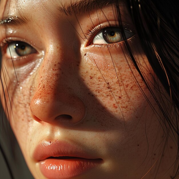 A super closeup portrait of the most beautiful female fashon model with freckles