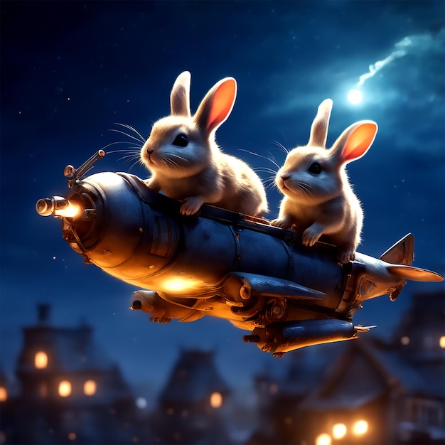 비행 중에 아주 귀여운 날다람쥐의 뒤에 타고 있는 매우 귀엽고 사랑스러운 두 마리의 귀여운 토끼
