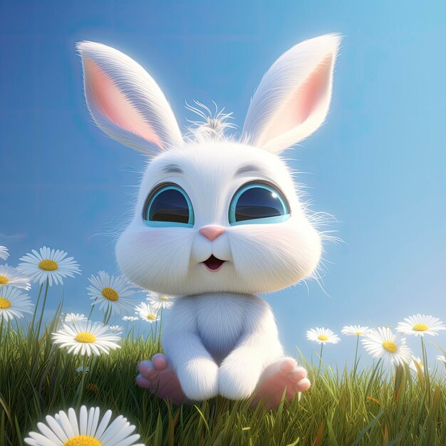 A super cute baby Pixarstyle white fairy rabbit shiny white fluffy big bright eyes fluffy tail smile fairy tale generat ai