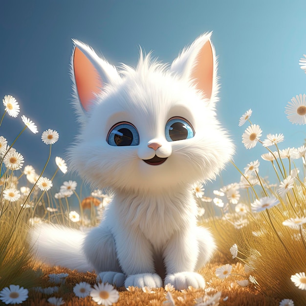 A super cute baby Pixarstyle white fairy rabbit shiny white fluffy big bright eyes fluffy tail smile fairy tale generat ai