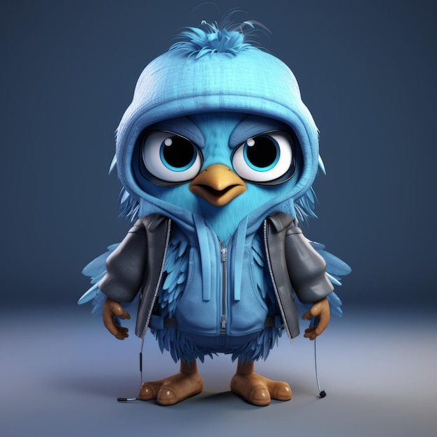 Super Cute Blue Bird In Urban Clothes Surrealistic Cartoon Design