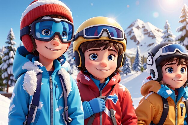 Super cute boys in ski suits are ready to hit the slopes and have a blast in the winter wonderland