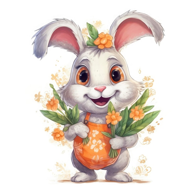 A super cute cartoon rabbit fluffy hopping colorful with big eyes and a charming smile holding a carrot surrounded by flowers on a sunny day cartoon style generat ai