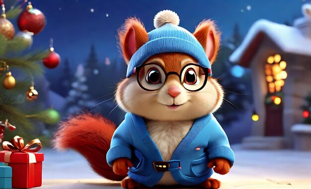 Foto super cartoon squirrel carino che dà regali ai bambini hd occhi blu con occhiali a natale