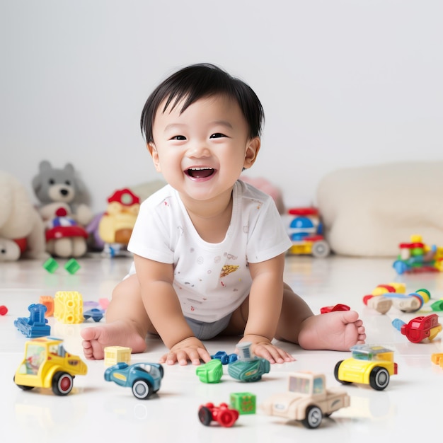 Super Cute Chinese 2YearOld Baby Joyful Smile sitting on White Floor with Various Toys