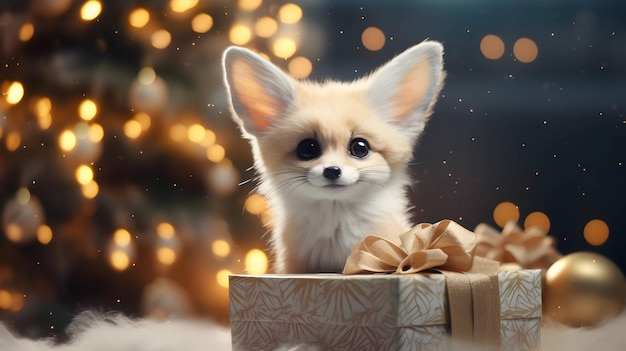 Super cute fennec fox with Christmas giftbox AI generated image