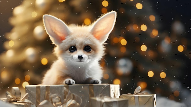 Super cute fennec fox with Christmas giftbox AI generated image