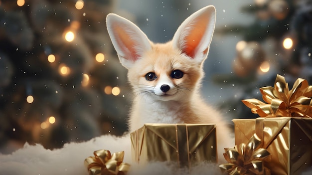 Super cute fennec fox with Christmas giftbox AI generated image