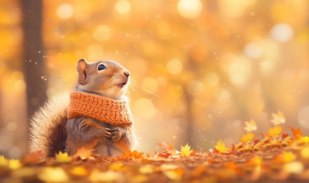 Super cute funny squirrel wearing a scarf in beautiful fall landscape autumn scene with a cute