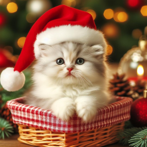 Foto un gattino super carino che indossa un cappello di babbo natale con uno sfondo natalizio e all'interno di un piccolo cesto