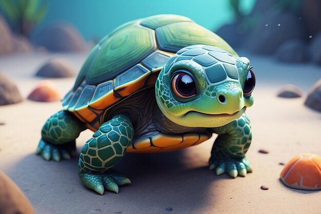 Photo super cute little baby turtle rendered in the style of pixar cartoon generative ai