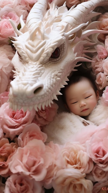 Super cute little white and soft pink Chinese dragon best picture Ai generated art