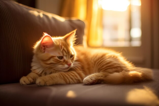 Супер милый оранжевый котенок лежит на диване в очаровательный Международный день кошек