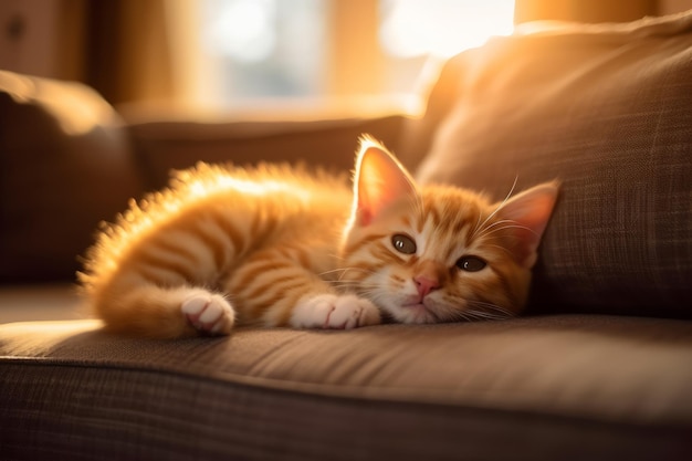 사랑스러운 소파에 누워있는 매우 귀여운 주황색 고양이 국제 고양이의 날