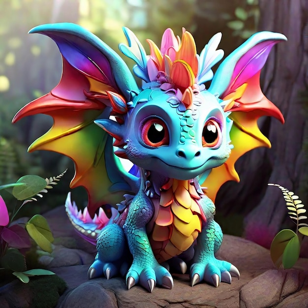 Super cute rainbow baby dragon with big eyes and wings generated by AI