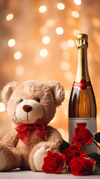 Super cute Teddy bear toy with red roses Happy Valentine's day greeting card concept AI generated image