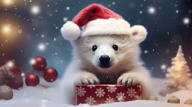 Foto orso polare bianco super carino con cappello da babbo natale con confezione regalo immagine generata dall'intelligenza artificiale