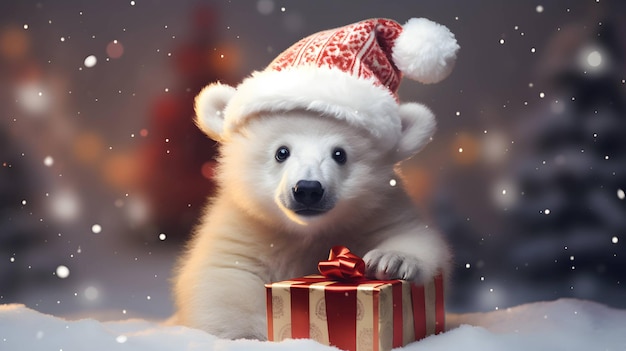 Super cute white polar bear in Santa hat with giftbox AI generated image