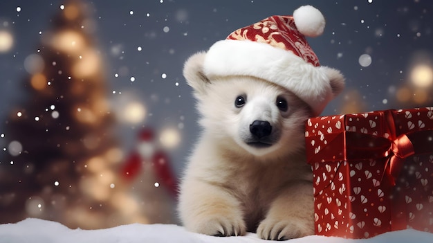 Super cute white polar bear in Santa hat with giftbox AI generated image