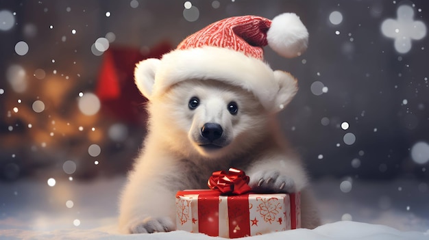 Super cute white polar bear in Santa hat with giftbox AI generated image