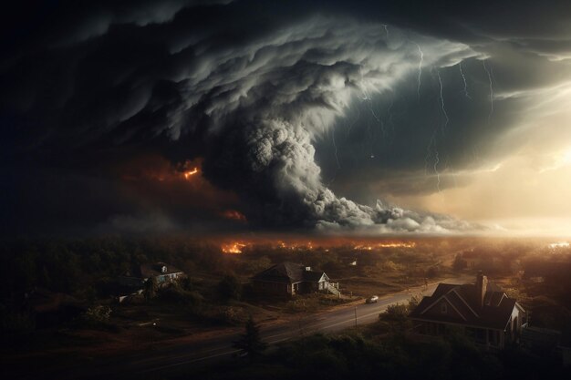 Super Cyclone or Tornado forming destruction over a populated landscape with a home or house on the