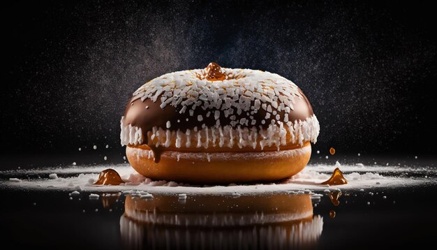 Super delicious donut powdered with sugar on dark background Generative AI