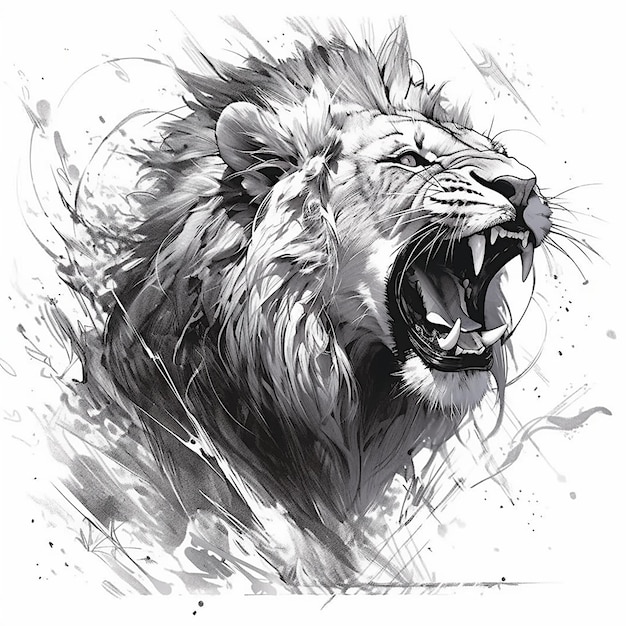 Super detailed drawing roaring lion black white
