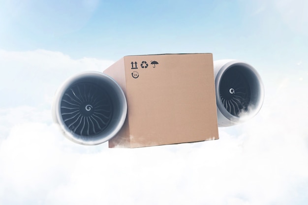 Super express delivery, future concept. packing cardboard box\
with airplane turbines flies in the sky with clouds. delivery of\
goods and cargo transportation. autopilot