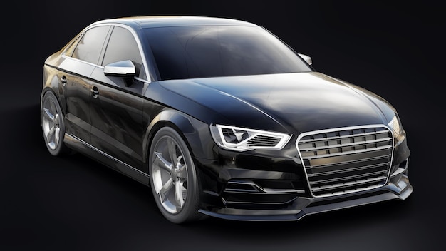 Super fast sports car color black metallic on a black background. Body shape sedan. Tuning is a version of an ordinary family car. 3d rendering.