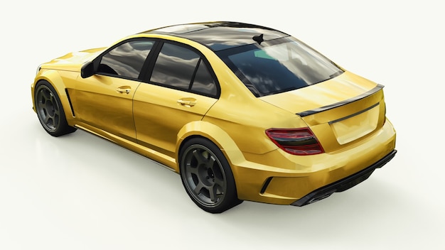 Auto sportiva super veloce color oro metallizzato su sfondo bianco. berlina di forma del corpo. l'accordatura è una versione di una normale auto familiare. rendering 3d.
