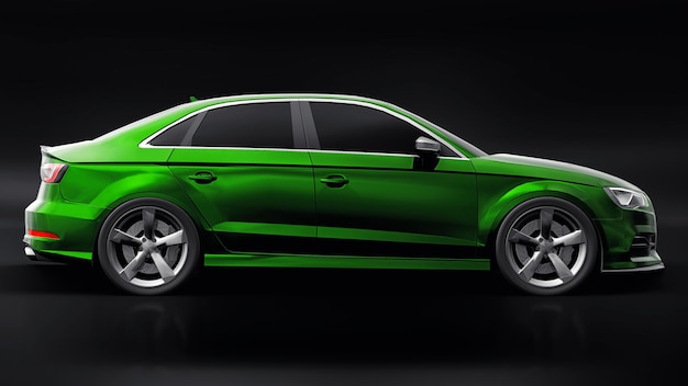 Super fast sports car color green metallic on a black background. Body shape sedan. Tuning is a version of an ordinary family car. 3d rendering.