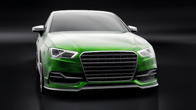 Super fast sports car color green metallic on a black background. Body shape sedan. Tuning is a version of an ordinary family car. 3d rendering.