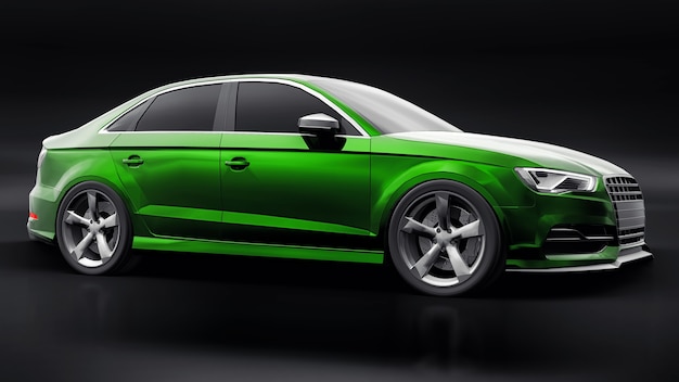 Photo super fast sports car color green metallic on a black background. body shape sedan. tuning is a version of an ordinary family car. 3d rendering.