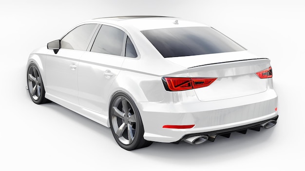 Super fast sports car white color on a white background. Body shape sedan. Tuning is a version of an ordinary family car. 3d rendering.