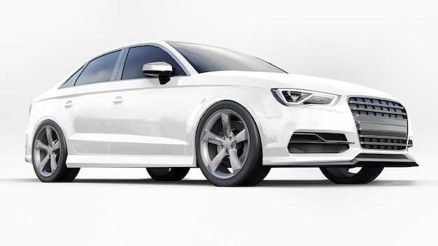 Super fast sports car white color on a white background. Body shape sedan. Tuning is a version of an ordinary family car. 3d rendering.