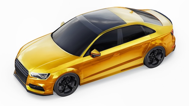 Colore giallo auto sportiva super veloce su sfondo bianco. berlina a forma di corpo. la messa a punto è una versione di una normale auto di famiglia. illustrazione 3d.