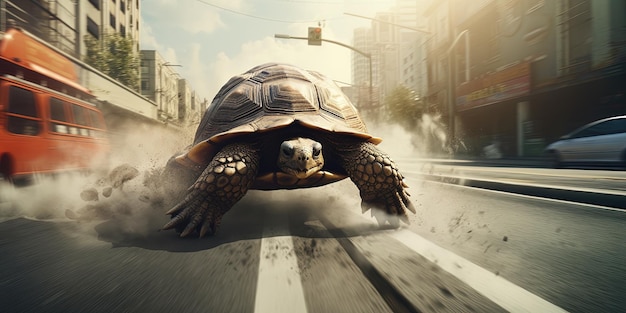 Super fast turtle running at high speed on the street between cars in strategy and innovation concept