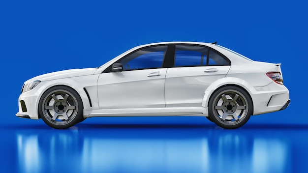 Super fast white sports car on a blue background. Body shape sedan. Tuning is a version of an ordinary family car. 3d rendering.