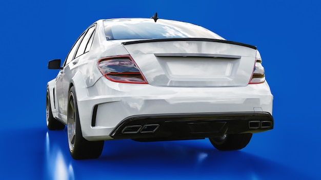 Super fast white sports car on a blue background. Body shape sedan. Tuning is a version of an ordinary family car. 3d rendering.