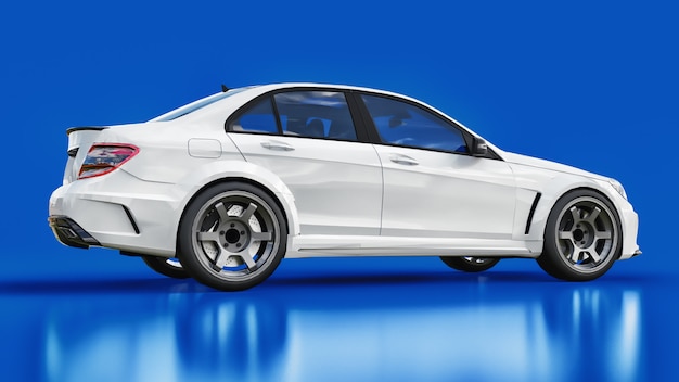 Photo super fast white sports car on a blue background. body shape sedan. tuning is a version of an ordinary family car