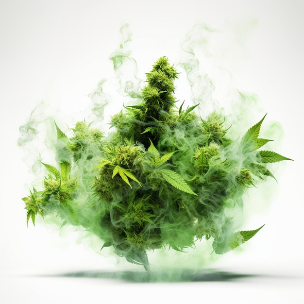 Super green weed strain green smoke white background ultrarealistic