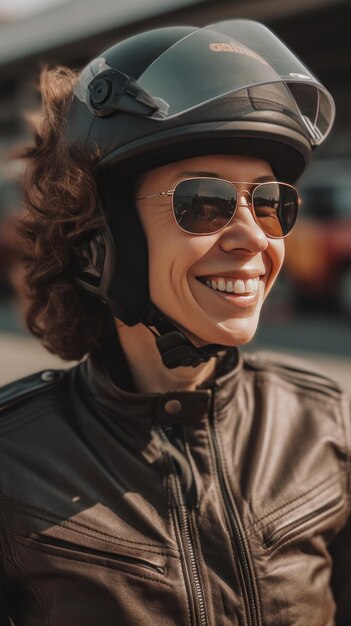 Super Happy Woman Motorbiker with Helmet