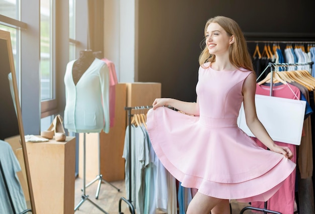 Super! Happy Young Woman Trying On Pink Dress, dancing in front of mirror, copy space